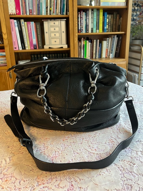 Handbags - Black Slouchy Shoulder Bag with Chain Detail